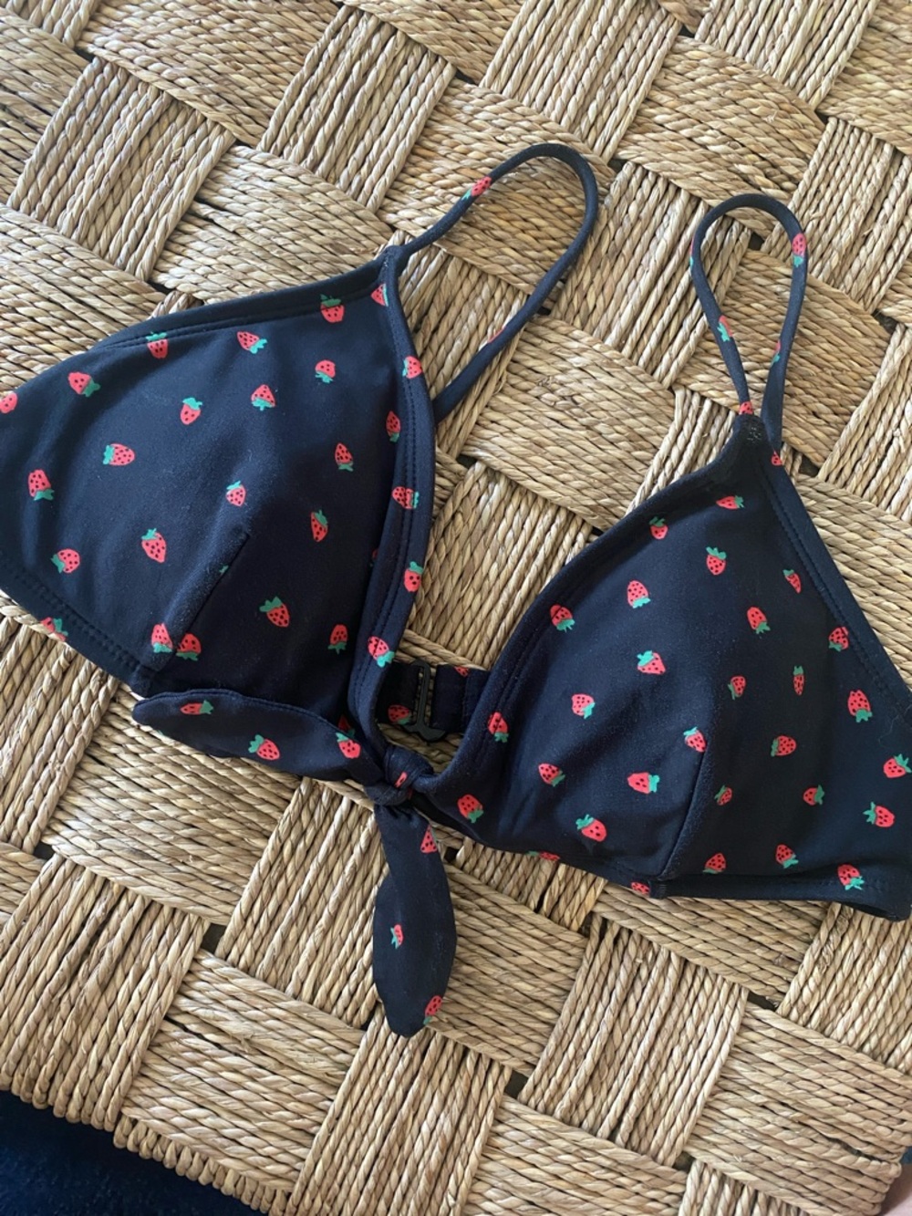 Madewell Black Strawberry Print Tie-Front Bikini Top small